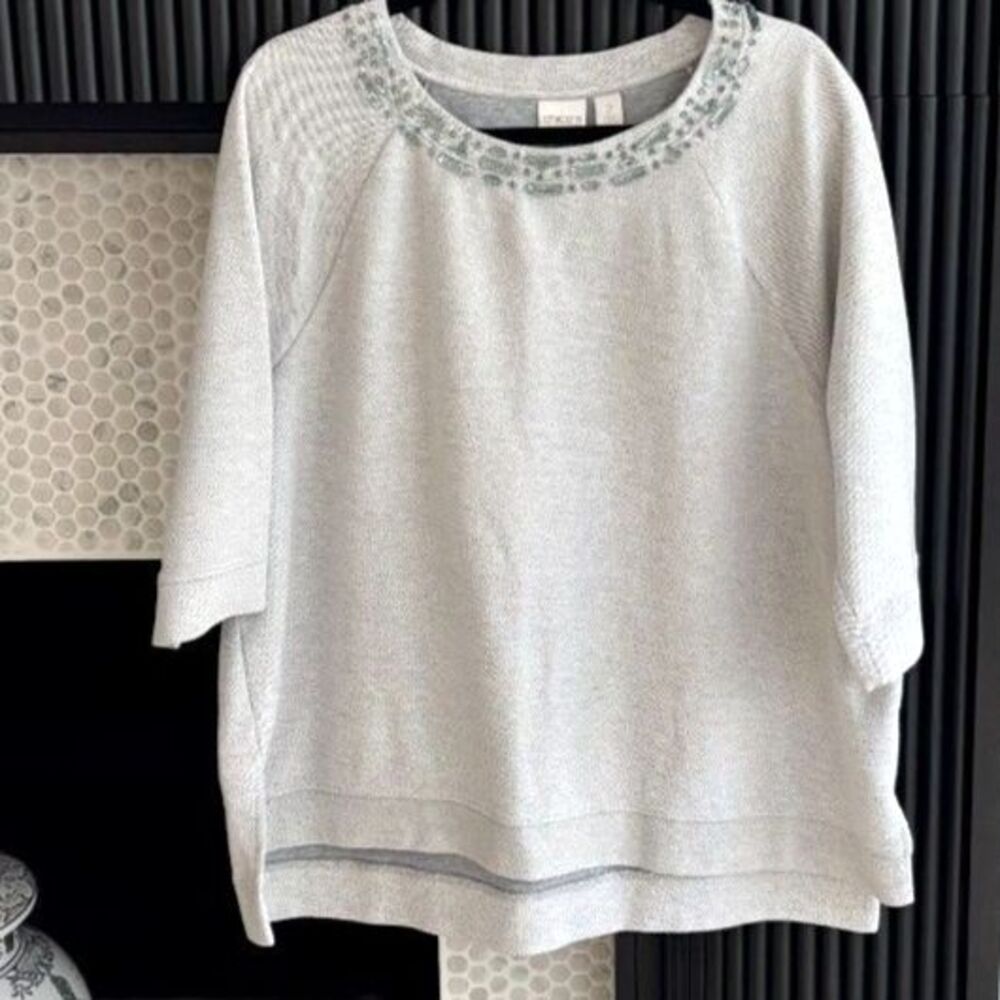 Chico's Collection Beaded Neckline Sweatshirt Gray Knit Raw Hem Pullover Top 2